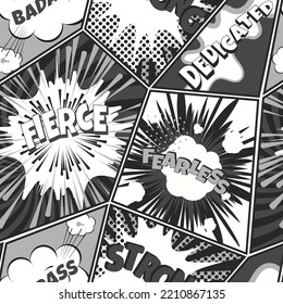 El arte pop de los cómics es un patrón sin fisuras. Fondo retro con burbujas de habla y gráficos de explosión.