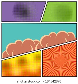 Comics pop art style blank layout template with clouds beams and dots pattern background vector illustration