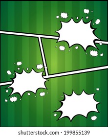 Comics pop art style blank layout template with clouds beams and soccer background vector illustration 