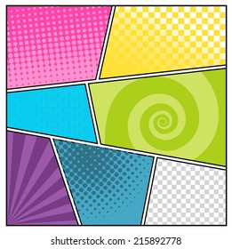 Comics pop art style blank layout template with clouds beams and dots pattern background vector illustration