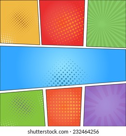 Comics pop art style blank layout template  with clouds beams and dots pattern background  illustration