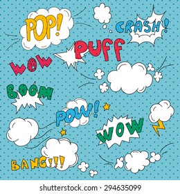 Comics pop art style blank layout template with clouds beams. Concept vector for web and mobile applications.