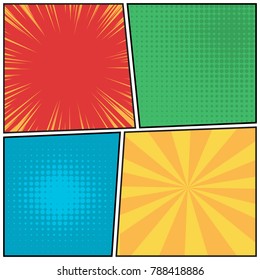 Comics pop art style blank layout template. Explosion, beams and dots pattern background. Vector illustration.