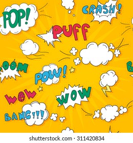 Comics pop art style pattern blank layout template with clouds beams. Concept vector for web and mobile applications.