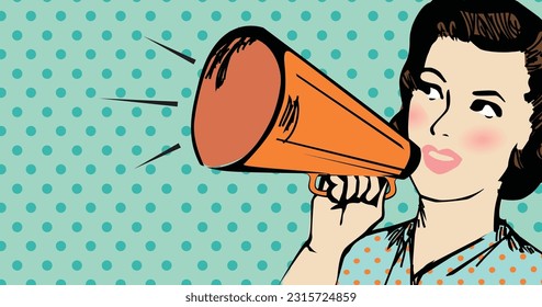 COMICS POP ART STYLE WOMAN CHARACTER. 
Female protest holding a megaphone. Vintage style art. Editable vector illustration file.