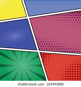 Comics pop-art style blank layout template on colorful halftone background. Vector illustration