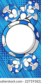 Comics Presentation with Blue abstract background. Comic book poster with blank sphere for text. Advertising space, retro pop art style.