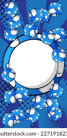Presentación de historietas con fondo abstracto azul. Afiche de historietas con esfera en blanco para texto. Espacio publicitario, estilo retro de arte pop.