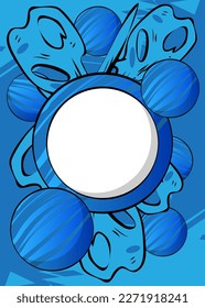 Comics Presentation with Blue abstract background. Comic book poster with blank sphere for text. Advertising space, retro pop art style.