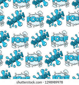 Comics seamless pattern poof and splash vector water and dust puddle and cloud endless texture sounds visualization disappearance or explosion spilling or falling in liquid blue drop color decor.