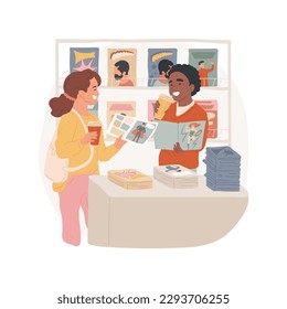 Comics shop isolated cartoon vector illustration. Hanging out at book shop, drinking coffee, leisure time, socialization, diverse group of teens reading and discussing comics vector cartoon.