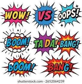 Comics signs. Boom, bang and wow sound effects in comic pop art style. Oops, Ta da and VS word in burst frame vector cartoon illustration set


