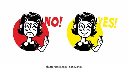 Comics sketch little girl says no and yes set