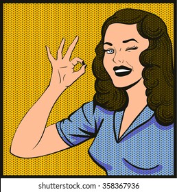 comics smile pop art  woman with hand ok vector