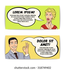 Comics smiling man and woman with message bubble color vintage horizontal banner set isolated vector illustration