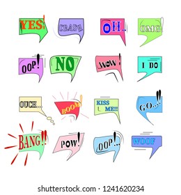 Comics sound speech effect bubbles isolated on white background illustration. Wow, bang, crash, woof, no, yes, boom, oh, omg, oops inscriptions. Humorous set for cloud speech. Vector illustration.