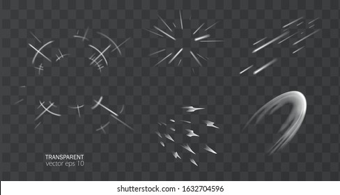 Comics special effects template . Isolated blasting clouds with moving trails. Cartoon strike, fight, attack, move, dust explosion 2D VFX vector illustration. Clipart element for game, print design