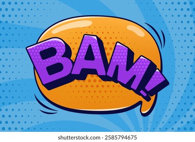 Comics speech bubble BAM with halftone elements on blue groovy shape pattern. Vector color cartoon illustration in pop art style.