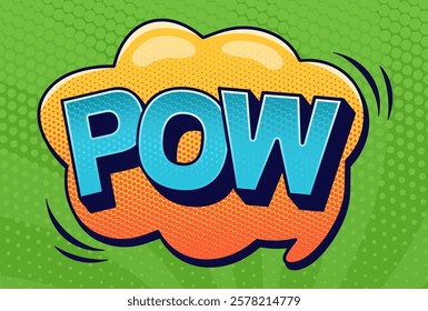 Comics speech bubble POW with halftone elements on green sun groovy shape pattern. Vector color cartoon illustration in pop art style.