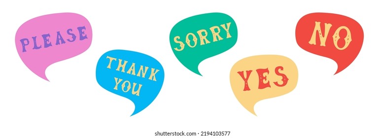 Comics speech bubble set with words please, thank you, sorry, yes, no made of letters in mexican style. Label, text, quote, exclamation. Flat vector illustration