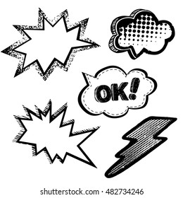 Comics speech bubbles superhero bashing black and white icons. Background with shape, dots, grunge elements. Cloud, lightning sketch hand drawing elements. creative design. Boys and girls wallpaper