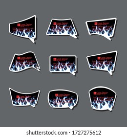 Comics stiker labell Icono llamas de fuego estilo cartón fondo azul
