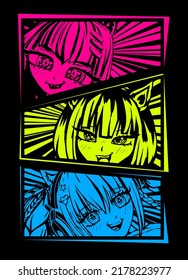 Comics Style Anime Girl Illustration In Bright Neon Colors Pink, Green, Blue On Black Background. Disko Girls Faces. Manga Teenager. Fancy Asian Ladies T Shirt Design. Cute Female Character