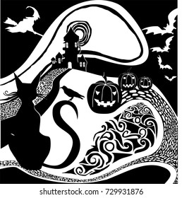 comics style black white Halloween doodle poster, with cat, pumpkins, bat, house, moon, ornaments and The magician. 