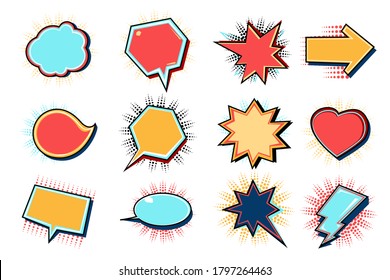 Comics style cartoon bubbles. Dialog frames and signs. Chart messages set, pop art style. Isolated icons vector set.