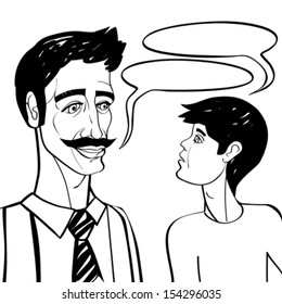 Comics style cartoon illustration of a father and son conversation over white