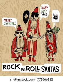 Comics style Christmas vintage vector poster with tree rock star cool Santa clauses with guitars, Tambourine sunglasses, 
balloon and Christmas elves for Rock n Roll Christmas party or event        