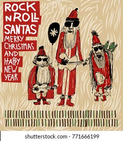Comics style Christmas vintage vector poster with tree rock star cool Santa clauses with guitars, Tambourine sunglasses, 
balloon and Christmas elves for Rock n Roll Christmas party or event        