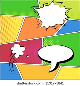 Comics style colourful boxes background and speech bubbles. Vector illustration