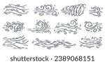 Comics style doodle wind motion line with leaves collection. Autumn seson, black and white color. Hand drawn vector illustration set