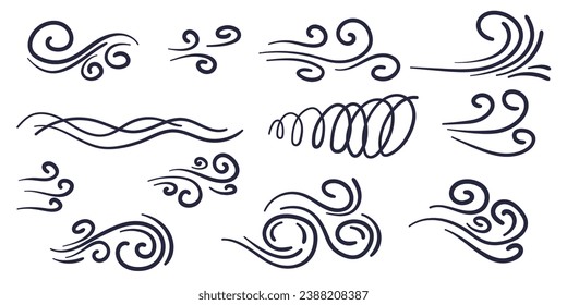 Comics style doodle wind motion collection. Hand drawn vector illustration set