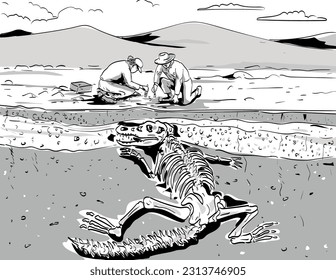 Comics style drawing or illustration of archeologist digging up fossil bones of prehistoric dinosaur in the desert under layers of sedimentary rocks done in monochrome retro style.