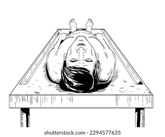Dibujo al estilo de los cómics o ilustración de un cadáver de un hombre en una mesa de autopsia en la patología forense vista desde el ángulo alto sobre fondo aislado hecho en estilo retro blanco y negro.