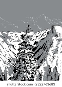 Comics style drawing illustration of Half Dome viewed from Wawona Tunnel in the Yosemite Valley in Yosemite National Park, USA done in black and white retro style.