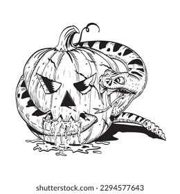 Comics style drawing or illustration of a jack-o-lantern Halloween pumpkin fighting biting a rattlesnake viper snake viewed from front on isolated background done in black and white retro style.