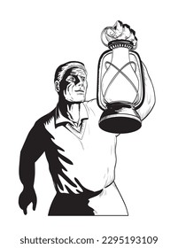 Comics style drawing or illustration of a man holding a farmer's light up lantern or kerosene lamp viewed from low angle on isolated background in black and white retro style.