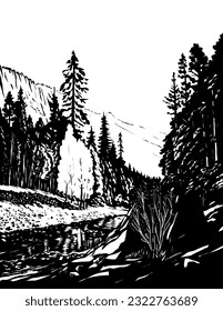 Comics style drawing illustration of Merced River in the Yosemite Valley in Yosemite National Park, USA done in black and white retro style.