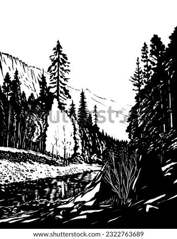 Comics style drawing illustration of Merced River in the Yosemite Valley in Yosemite National Park, USA done in black and white retro style.