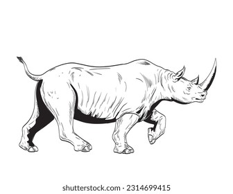 Comics style drawing or illustration of a rhinoceros or rhino, an odd-toed ungulates in the family Rhinocerotidae, charging viewed from side isolated background in black and white retro style.