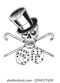 Comics style drawing or illustration of a skull wearing top hat with crossed cane and pair of dice viewed from front on isolated background done in black and white retro style.