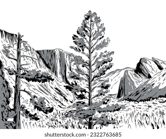 Ilustración de dibujos al estilo de los comics de la vista del túnel de Wawona de El Capitan, Half Dome y Bridalveil Fall del valle de Yosemite en el Parque Nacional Yosemite, EEUU hecho en estilo retro blanco y negro.