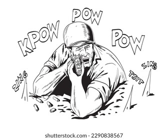 Comics style drawing or illustration of a World War Two American GI soldier aiming rifle viwed front on isolated background done in black and white retro style.