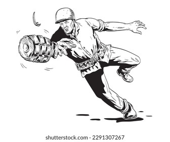 Comics style drawing or illustration of a World War Two American GI soldier throwing hand grenade viewed from front on isolated background done in black and white retro style.