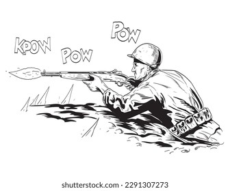 Comics style drawing or illustration of a World War Two American GI soldier aiming firing rifle in foxhole viewed from side on isolated background done in black and white retro style.