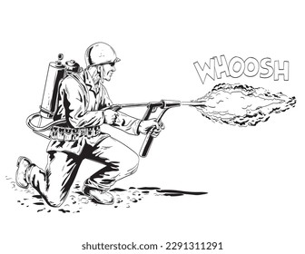 Comicstil-Zeichnung oder Illustration eines amerikanischen Soldaten der GI-Szene des Zweiten Weltkriegs, der M2 Flammenwerfer-Seitenansicht auf isoliertem Hintergrund im schwarz-weißen Retro-Stil abfeuert.