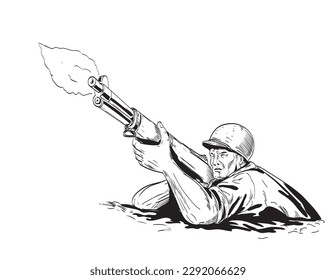 Dibujo al estilo de los cómics o ilustración de un soldado GI estadounidense de la Segunda Guerra Mundial apuntando fusil de disparo visto desde el frente en ángulo bajo sobre un fondo aislado hecho en estilo retro negro y blanco.